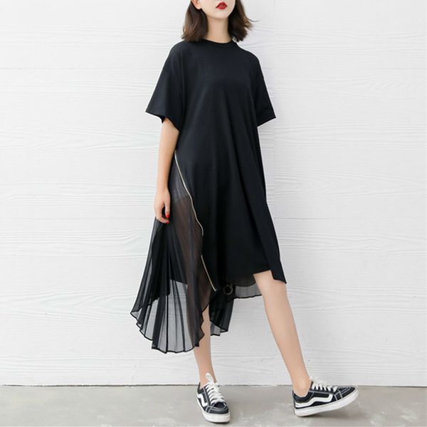 

aiweier] pleated chiffon shirt dresses for woman irregular solid dress big size dress loose short sleeved round neck one pieces, Black;gray