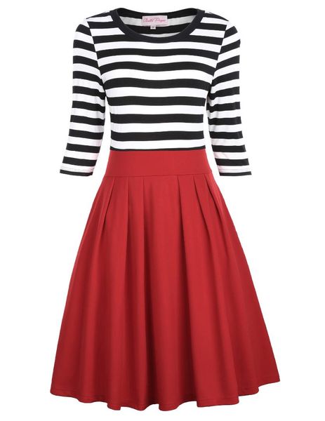 

fashion spring womens 3/4 sleeve blocks striped panel franki skater a line dress, Black;gray