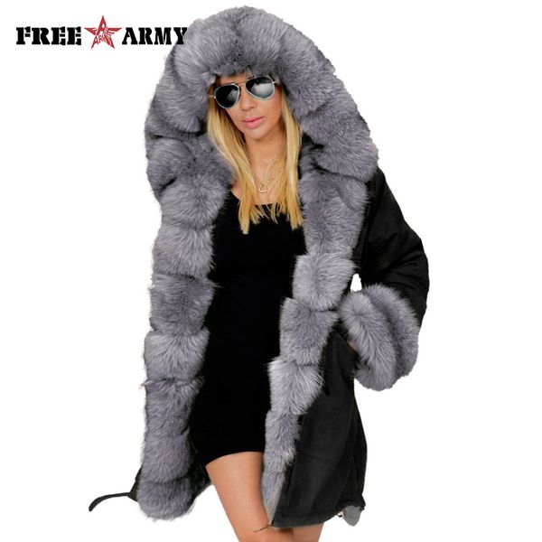 

rmy brand army green faux fur coat winter hooded jacket women cotton coats female thick warm parkas long overcoat, Black