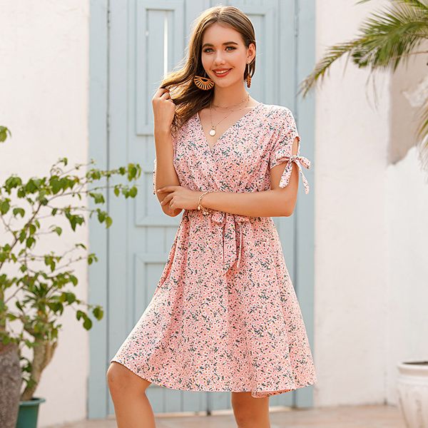 

qnpqyx summer chiffon dress women knee length v-neck print dresses sweet ruffle sleeeve slim new casual drawstring women dress dropshipping, Black;gray