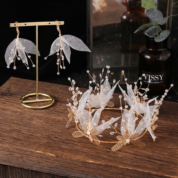 

crystal hair jewelry for women gold butterfly round crown tassel earrings handmade yarn wedding bride hair accessories sale, Golden;white