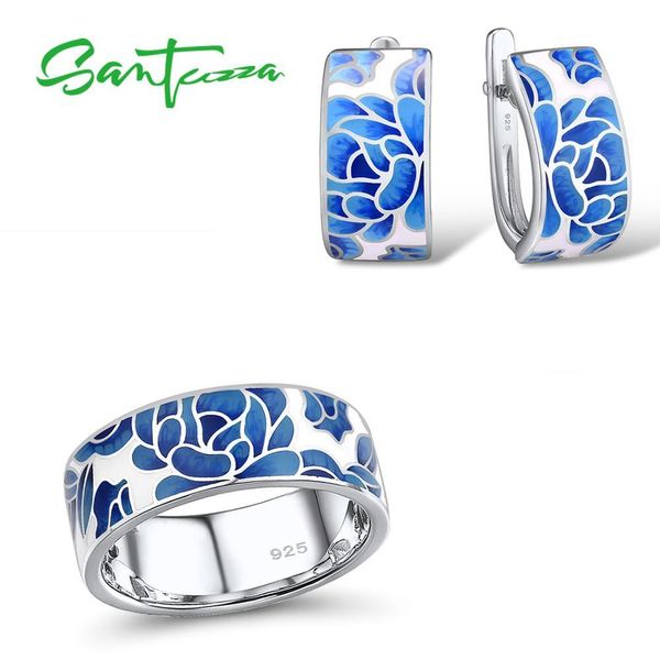 

santuzza silver jewelry set for women pure 925 sterling silver blue flower enamel earrings ring set trendy fine jewelry handmade cx200623, Slivery;golden