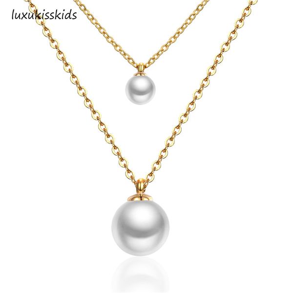 

luxukisskids new arrival 316l stainless steel double chain necklace with two pearl ball pendants for women fashion jewelry, Silver