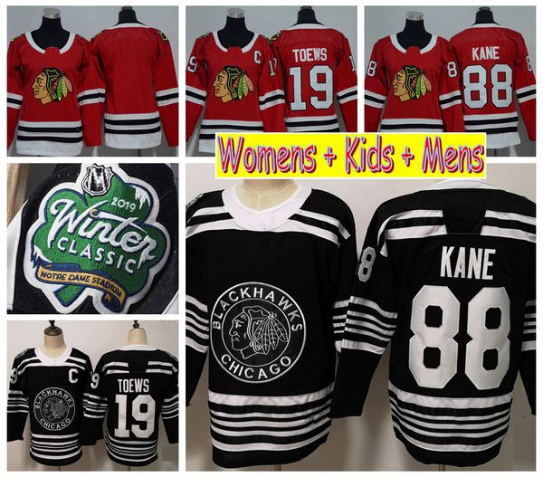 

2019 winter classic ladies chicago blackhawks hockey jerseys black 88 patrick kane 19 jonathan toews kids womens mens stitched shirts, Black;red