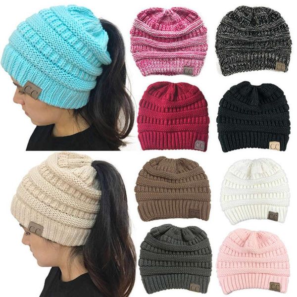 

cc ponytail caps cc knitted beanie fashion girls winter warm hat back hole pony tail autumn casual beanies crochet hats 15 color 30pcs, Blue;gray