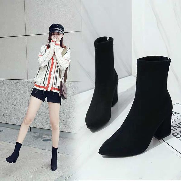 

winter boots, new autumn stretch boots, high-heeled boots, british style and velvet martin boots.girl zipper, Black