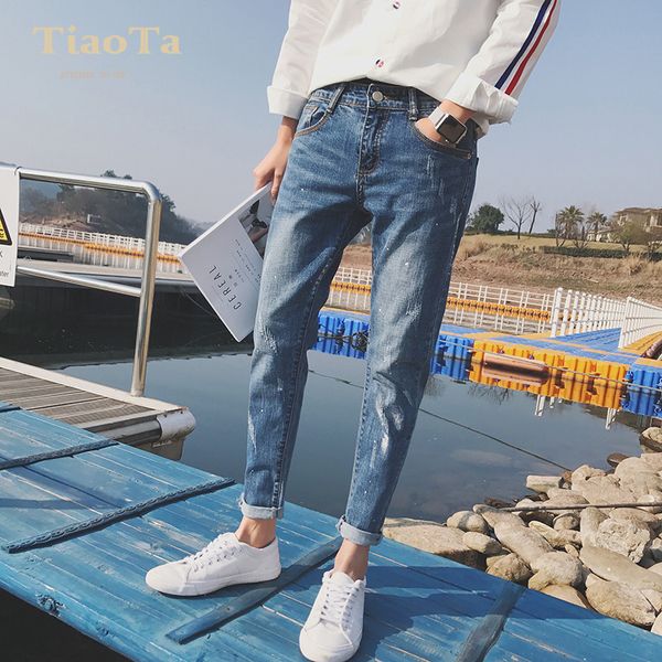 

men's jeans ripped hole summer 2021 korean cowboy feet denim pencil pants hombre slim thin moustache effect ink jet, Blue