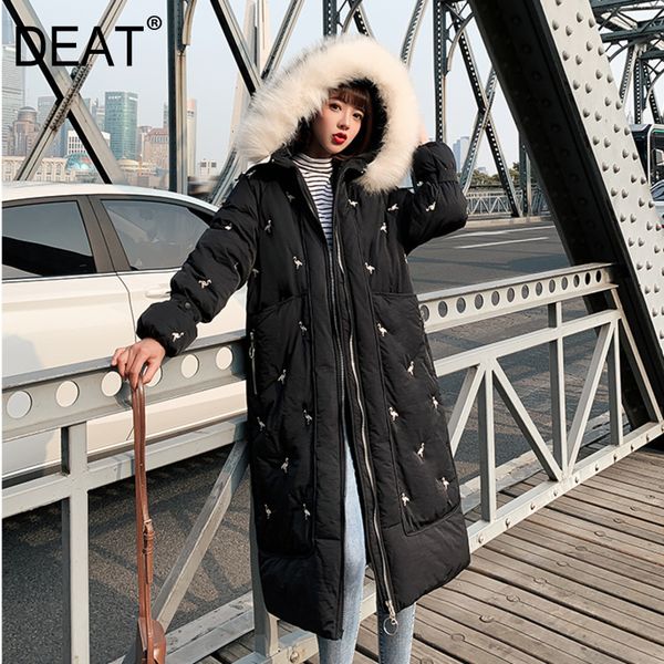 

deat] 2019 winter new pattern streetwear длинный толстый меховой воротник flamingo вышитые wild полный рукава пальто хлопка женский at118, Black