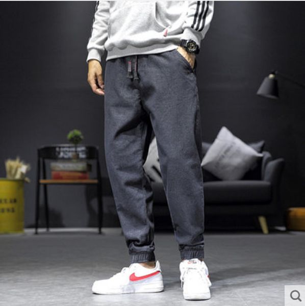 

black japanese loose black jeans men big yards elastic waist beam foot tide joker harlan nine points and feet, Blue