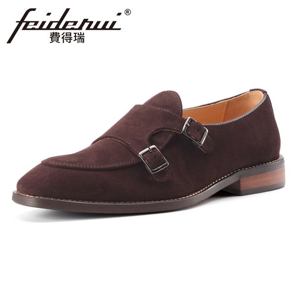 

plus size vintage designer cow suede leather men's monk straps footwear round toe handmade man formal dress party shoes mlt70, Black