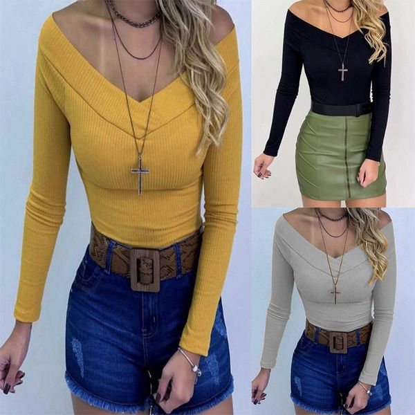 

womens long sleeve tshirts solid color v neck womens slim ladies bodysuit women's clothing, White