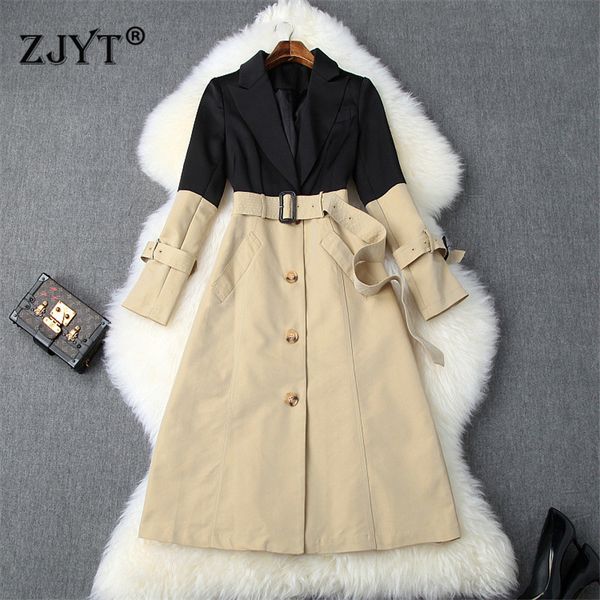 

2019 autumn fashion trench coat feminino full sleeve turn down neck color block women elegant long coats windbreaker outerwear, Tan;black