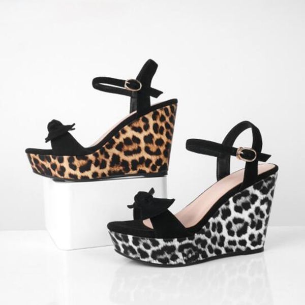 

2019 summer luxury fashion new waterproof platform leopard wedges suede ladies high heels sandals, Black