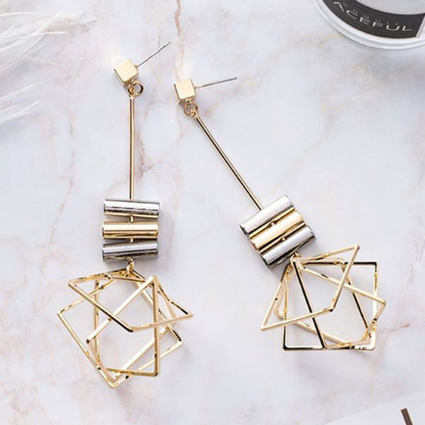 

2019 new modern design three-dimensional geometric gold color long drop earrings for women ol hollow out cubic dangle earring, Silver