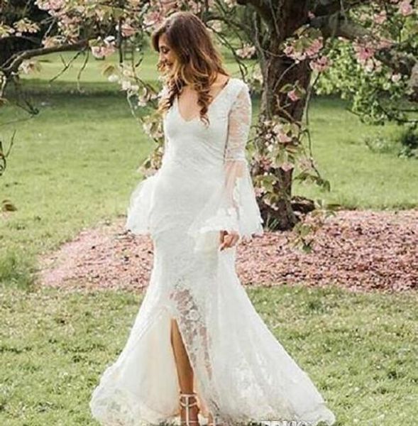 

mermaid garden lace wedding dresses 2020 new design long sleeve backless front short back long boho bridal gowns vestido de noiva w1125, White