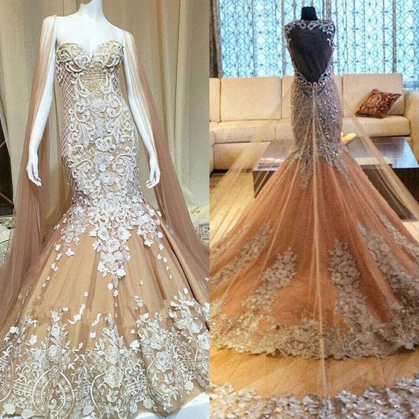 

dubai champagne lace mermaid wedding dresses with cloak illusion backless sweetheart neck sleeveless beaded bridal gowns vestido de noiva, White