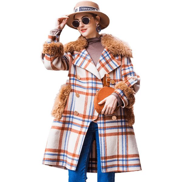 

real fur coat women's winter jackets lattice long coat women sheepskin wool fur sheep shearing jacket european size, Black