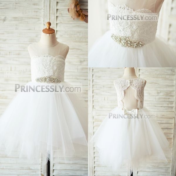 

princessly ball gown flower girl dress spaghetti sleeveless tulle lace applique crystal white wedding dress tea length girl' birthday, White;blue