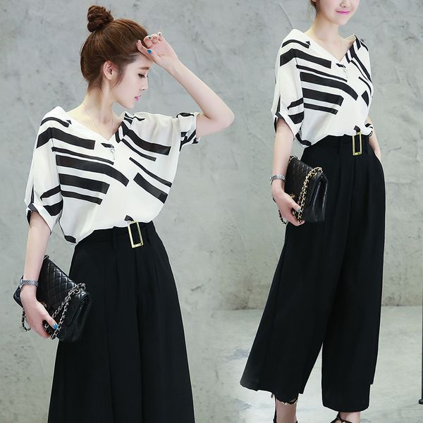

office lady clothing set women summer black and white stripped print loose blouse v neck + big leg pants suits ns278, White;black