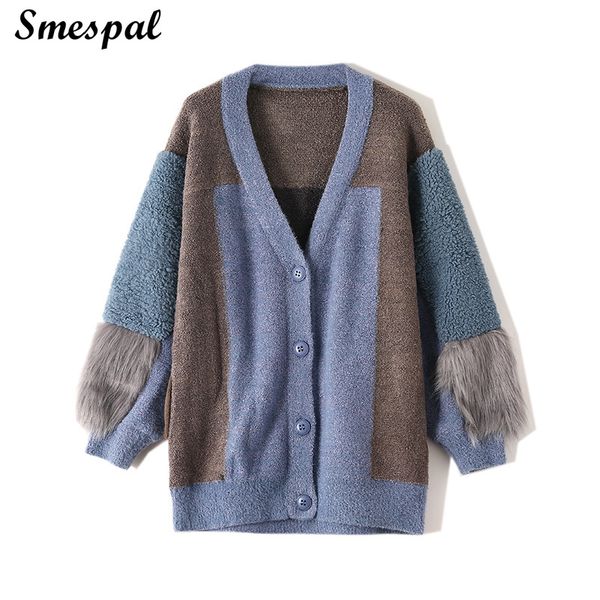 

women faux fur patch contrast block single breasted knit sweater cardigans jacket, White