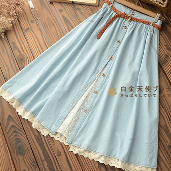 

spring mori girl casual sweet skirt women denim with belt solid sky blue lace hem female mid calf skirt high waist skirts u157, Black