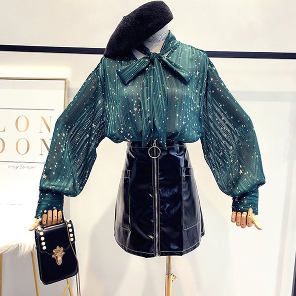 

elegant women bow tie neck chiffon blouse 2019 summer long sleeve work star print shirt casual blusas femme plus size, White