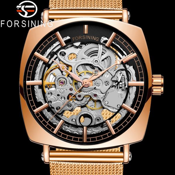 

forsining skeleton automatic mechanical men wristwatch army sport male clock rose gold man watch 8153, Slivery;brown