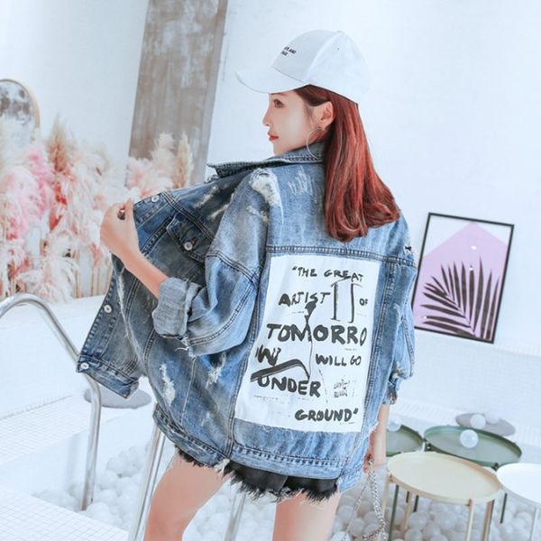 

2019 spring and autumn denim jacket women bf jean holes ripped jacket and coat with letters patch designs, Black;brown