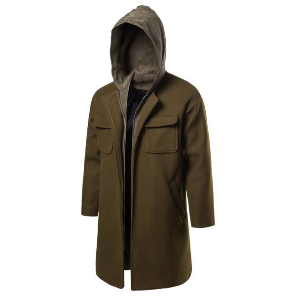 

winter jacket men's fashion casual slim woolen coat men's jacket hooded long coat, Black