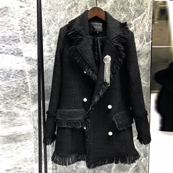 

black tweed jackets women's jacket two-color pearl buckle fringed side small fragrance in the long coat, Black;brown