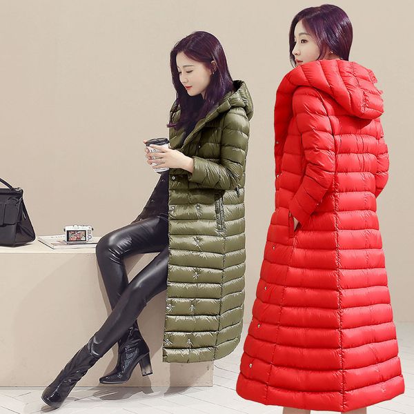 

slim hooded knee length white duck down coats women warm down padded buttons parkas lady woman's ultra light jackets, Black