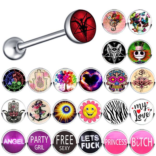 

cute tongue perforation girl stainless steel word logo tongue ring barbell 14g body piercing straight rod, Silver