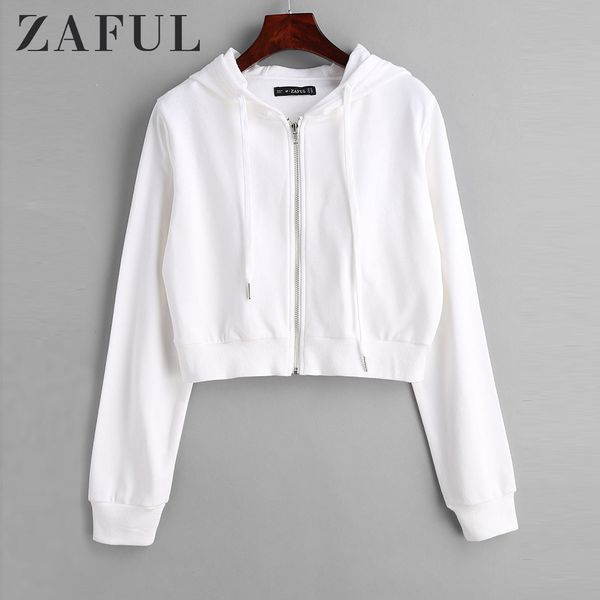 

zaful толстовка женщина застегивать кулиску обрезанного hoodie zipper solid коротких толстовок спорт хлопок полного рукав уличной tops, Black