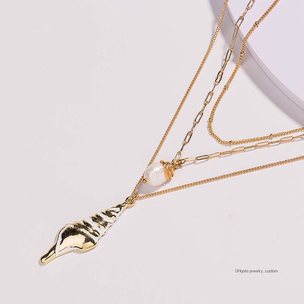 

joker multi-storey necklace personality metal conch natural pearl pendeloque cut, Silver