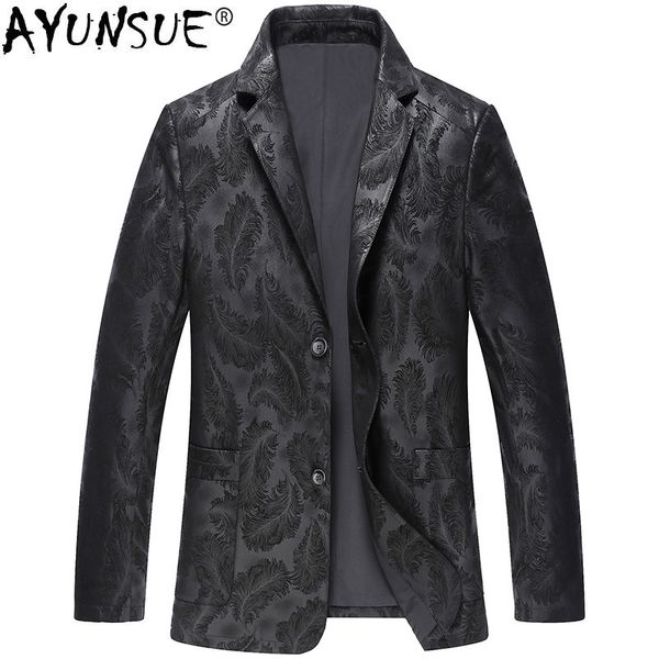 

ayunsue spring genuine leather jacket men new real sheepskin coat for men plus size leather blazers print slim fit 4778 kj1936, Black