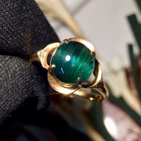 

fine jewelry pure 18k gold jewelry 100% natural green tourmaline cat's eye gems 3.3ct diamonds male's wedding fine man's ring, Golden;silver
