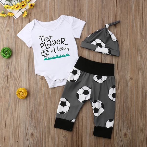 

toddler newborn baby boys clothes football print pants round neck short sleeve bodysuit geometry hat 3pc cotton kids outfits, White