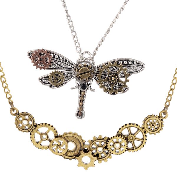 

2pcs vintage steampunk dragonfly lot gears pendant biker gothic necklace mechanical chain for women men, Silver