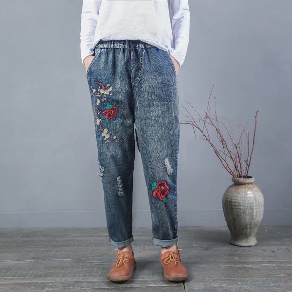

plus size vintage flowers brushing women jeans elastic middle tail denim broek, Blue
