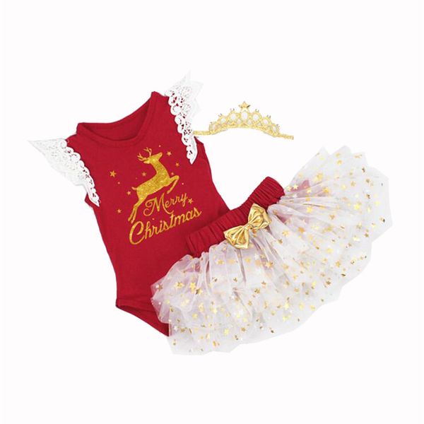 

christmas baby girl clothes newborn flying sleeves romper girls first christmas dress crown headband 3pcs baby costumes, White
