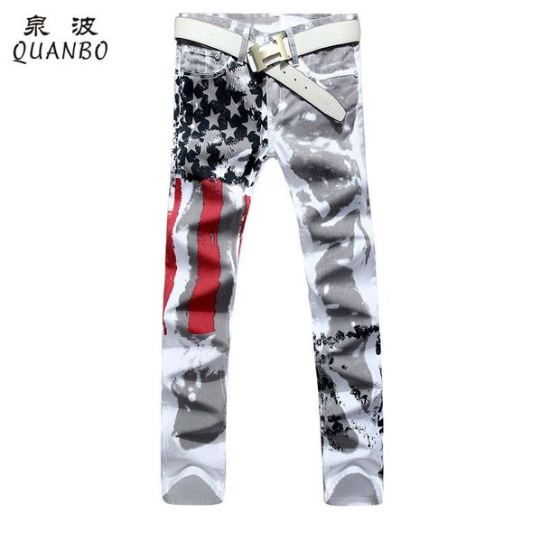 

big size 28-48 brand men's pants 2016 new white printed fashion men jeans slim stretch printing american flag jeans hombre, Blue
