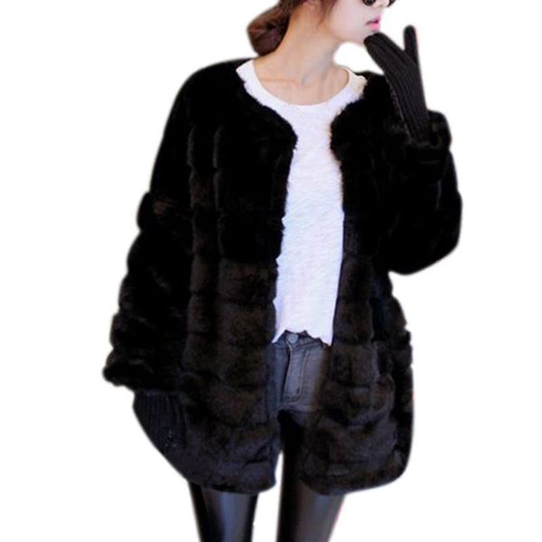 

thick warm fur coat long sleeve o-neck jacket winter fashion women faux fur furry coat outerwear overcoat plus size, Black
