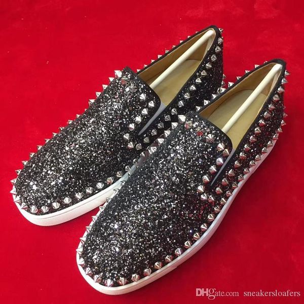 

original box,eu35-46]brand junior spikes,strass low red bottom loafers shoes,famous designer men casual skateboard shoes, Black