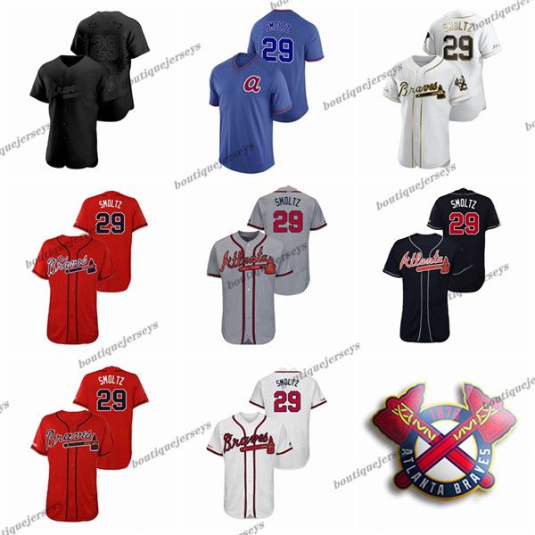 

custom men women kids atlanta braves 29 john smoltz home black gray white red cream navy baseball jerseys 01, Blue;black