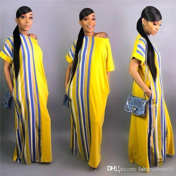 

женская летняя desinger новые maxi платья 2020 с коротким рукавом одно плечо полосатый печать женской одежды мода стиль повседневная одежда, Black;gray