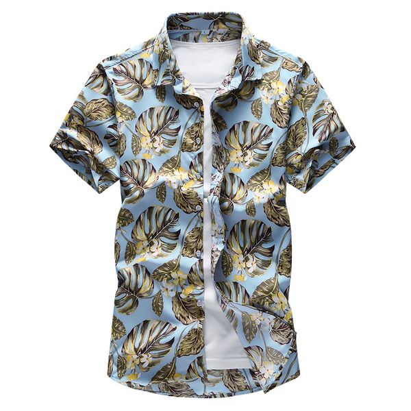 

men fashion leaves printed hip hop summer slim short sleeve shirts floral hawaiian vacation casual shirt camisa masculina 6xl, White;black