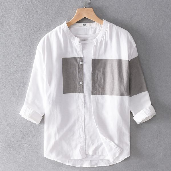 

summer linen and cotton shirt men brand three-quarter sleeve shirts for men stand collar stitching shirt mens chemise camisa, White;black