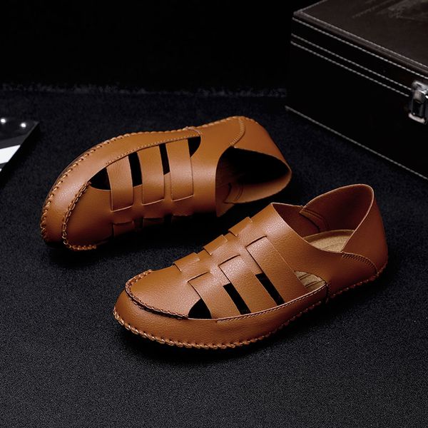 

fashion sandals men sandalia masculina genuine leather beach shoes mens handmade 2020 new summer breathable slip on high quality, Black
