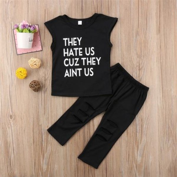 

new fashion summer kids baby girl outfits clothes t-shirt tank vest ripped pants set