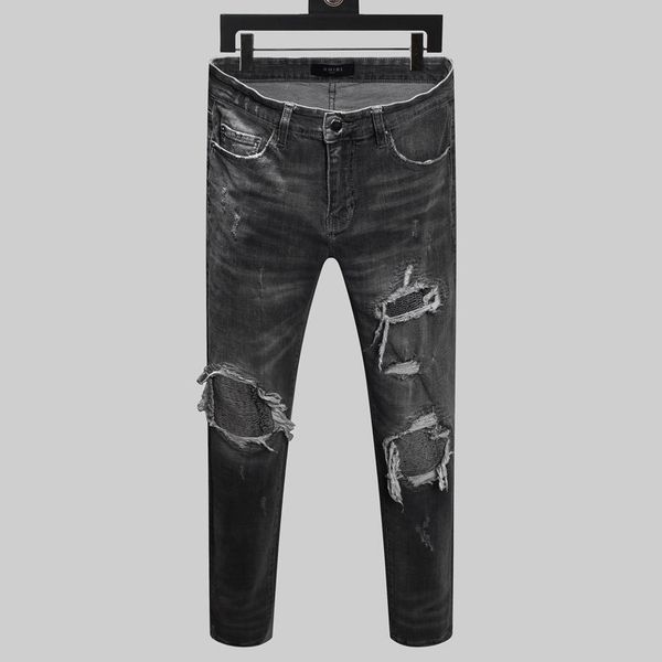 

2020 new high street ripped jeans men's tide black gray do the old washed patches amiri hip hop slim jeans size 28-38, Blue